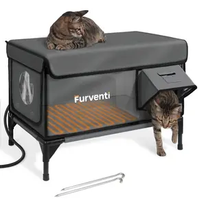 All-Weather Indestructible Heated Cat House for Winter – 100% Waterproof, with One-Way Safety Escape Door, Fully Insulated, Elevated Legs to Keep Rain Out, and Bite-Proof Heater Wire. Perfect for Feral Cats & Kittens.