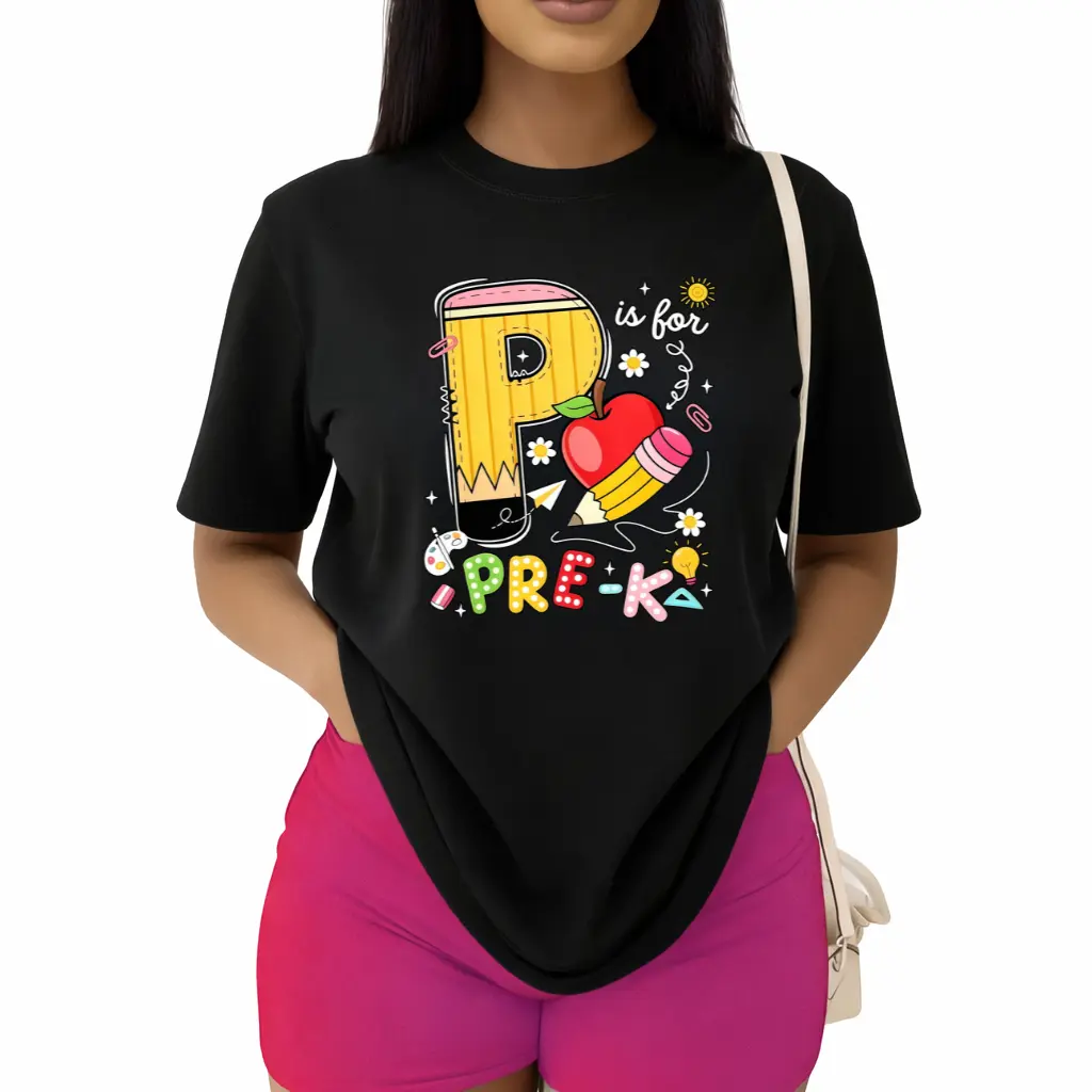 Women's Pre-K Pencil Apple Back to School Tee Teacher Graphic T-Shirt Casual Short Sleeve