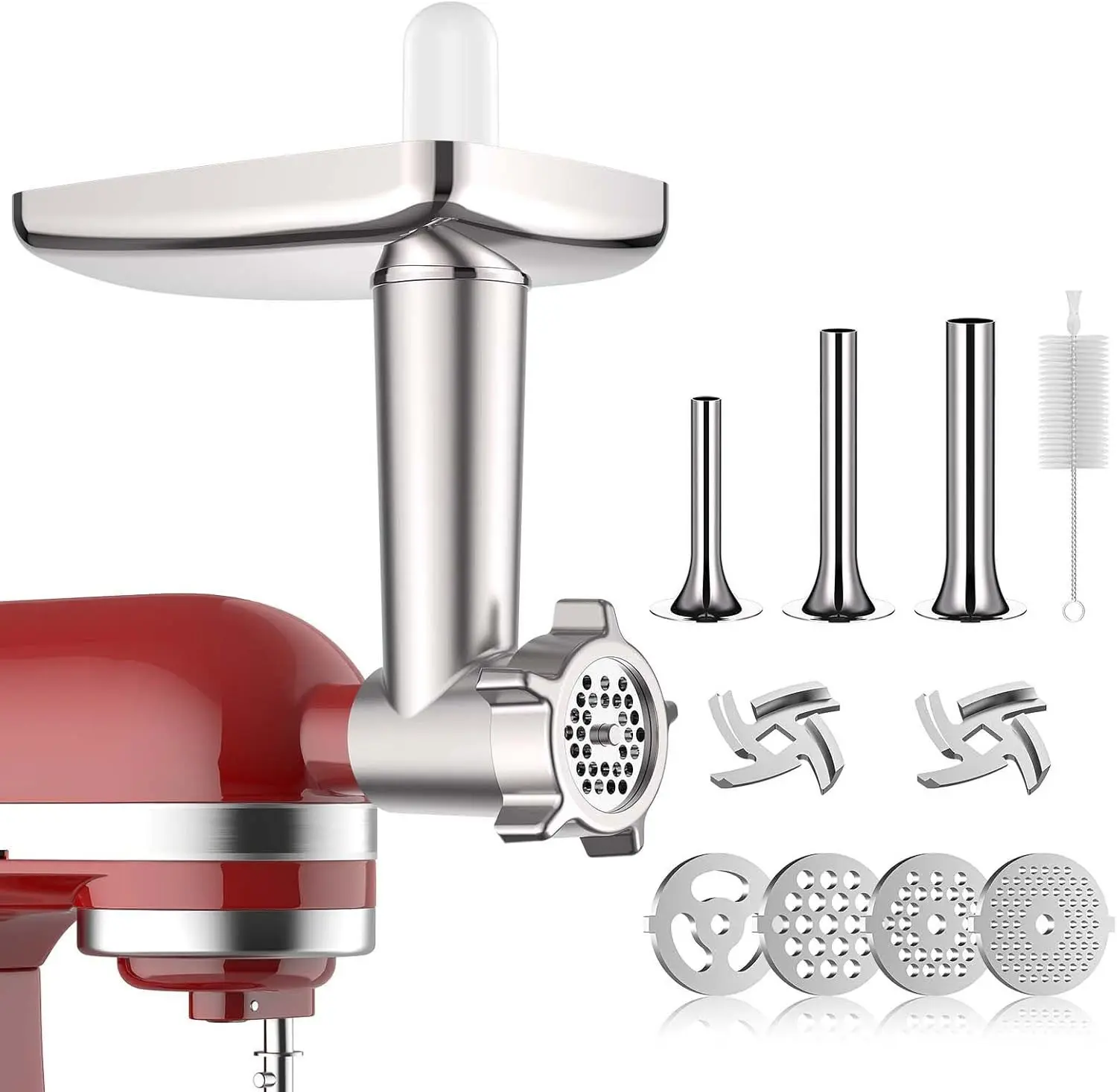 Durable Aluminum Food Grinder Attachment for Stand Mixers, Metal Sausage Stuffer Kit for Healthier Cooking, Grinds 2 lbs per Minute with 4 Plates & 3 Tubes, Stand Mixer, 2 Pounds In 1 Minute