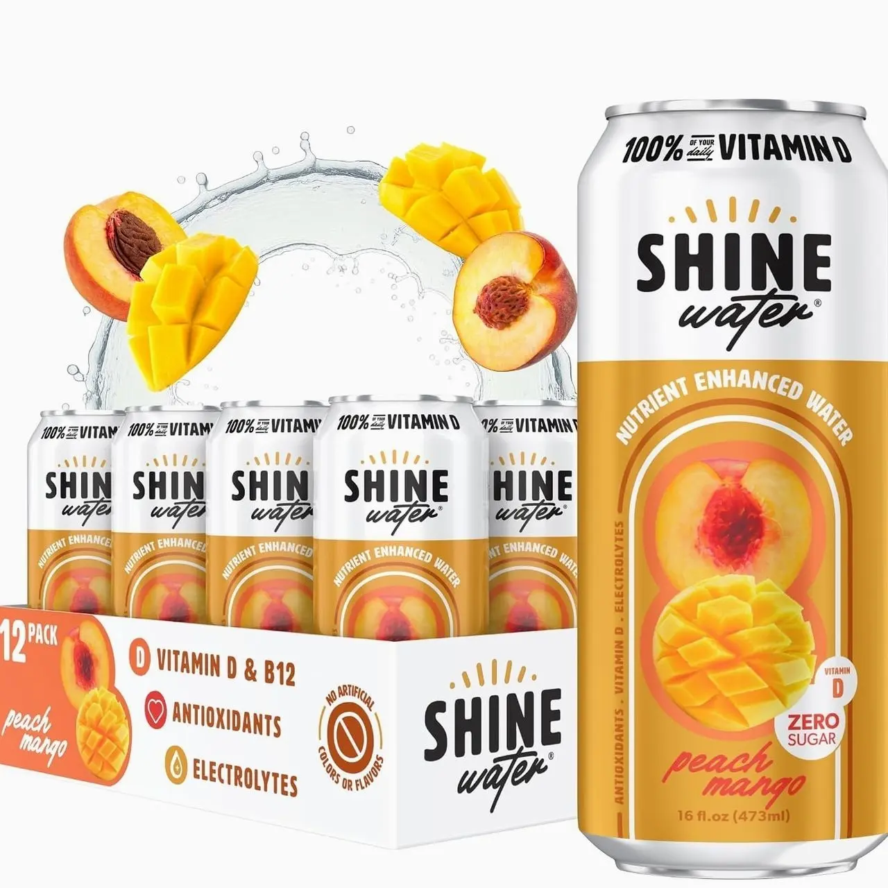 Shine Water Peach Mango Vitamin D Electrolyte Drinks 12-Pack, Sugar Free Flavored Water with Magnesium, Zinc & Antioxidants, Low Calorie Hydration Beverage, Plant-Based Vitamin Water Zero Sugar