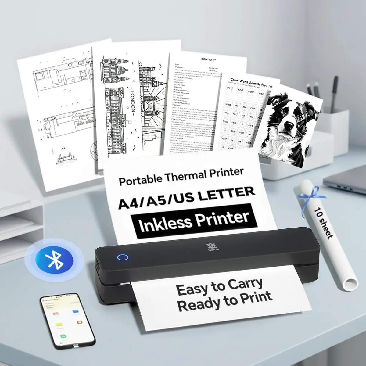 Portable Wireless Bluetooth Thermal Printer, Inkless Travel Printer for iOS Android Laptop, Mobile Printer for Home Office