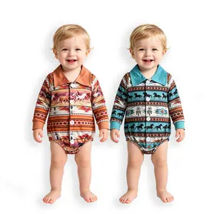 Adorable All-Over Print Western Horse Fitted Milk Silk Long-Sleeve Romper - All-Season Baby Bodysuit for Growing Infants