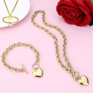 Love Heart Friendship Bracelet Necklace Sets Women Gift Stainless Steel Hypoallergenic Non Tarnish Waterproof Bracelets with Heart Charms Perfect Gift Set for Women