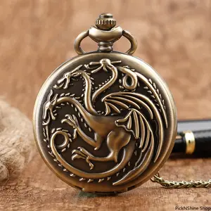 Three‑Headed Dragon Quartz Pocket Watch, Vintage Bronze Fire Monster Design, Antique Retro Necklace Watch