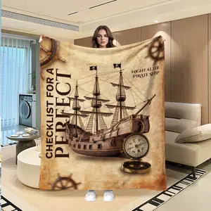 Vintage Pirate Ship Flannel Blanket, Nautical Print, Adventure Style, Bedroom Sofa Nap Blanket, Holiday Gift, Multi-Purpose Outdoor Blanket