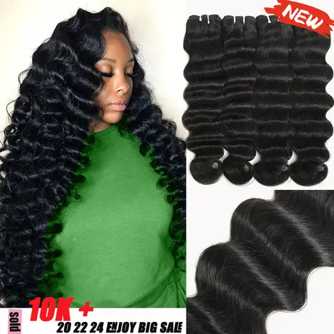 Karlami 100% Human Hair Bundles for Female - Loose Deep Wave, Deep Curly, Body Wave, Straight Extensions - 3/4 Bundles, Natural Black, Triple-Tight Weft - 25-Year Factory, Advanced Equipment, Wavy
