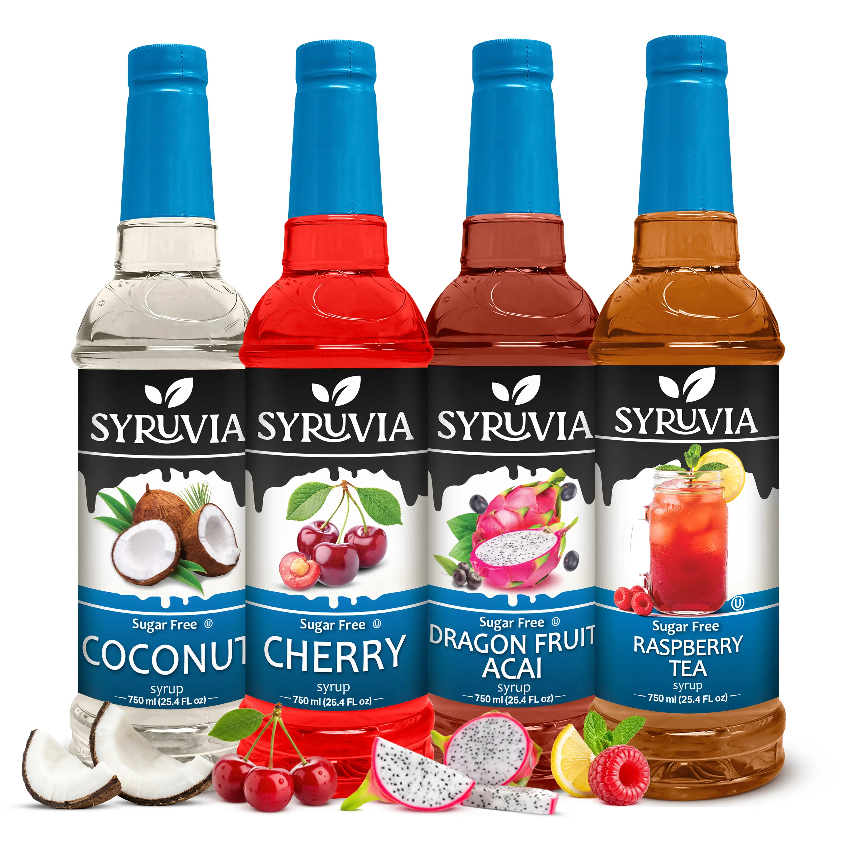 Syruvia Sugar Free Syrups & Concentrates Variety Set - 4 Flavors (Coconut, Cherry, Dragon Fruit, Raspberry Tea) - Low Calorie, Gluten-Free, Kosher - 25.4 fl oz Bottles - For Teas, Mocktails, Flavor