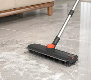 3-in-1 Heavy-Duty Stainless Steel Floor Scrub Brush with Long Extendable Handle, Stiff Bristles, Squeegee and Scraper - Easy Installation & Use Cleaning Tool for Bathroom, Tile Mop Retractable Flexible