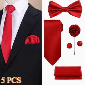 5pcs Men' Necktie and Bow Tie Combo - Elegant Matching Formal Suitable for Balls, Weddings, Interviews - Thoughtful Gift for, Groomsmen, Boyfriends (Neckties & Bow Ties)