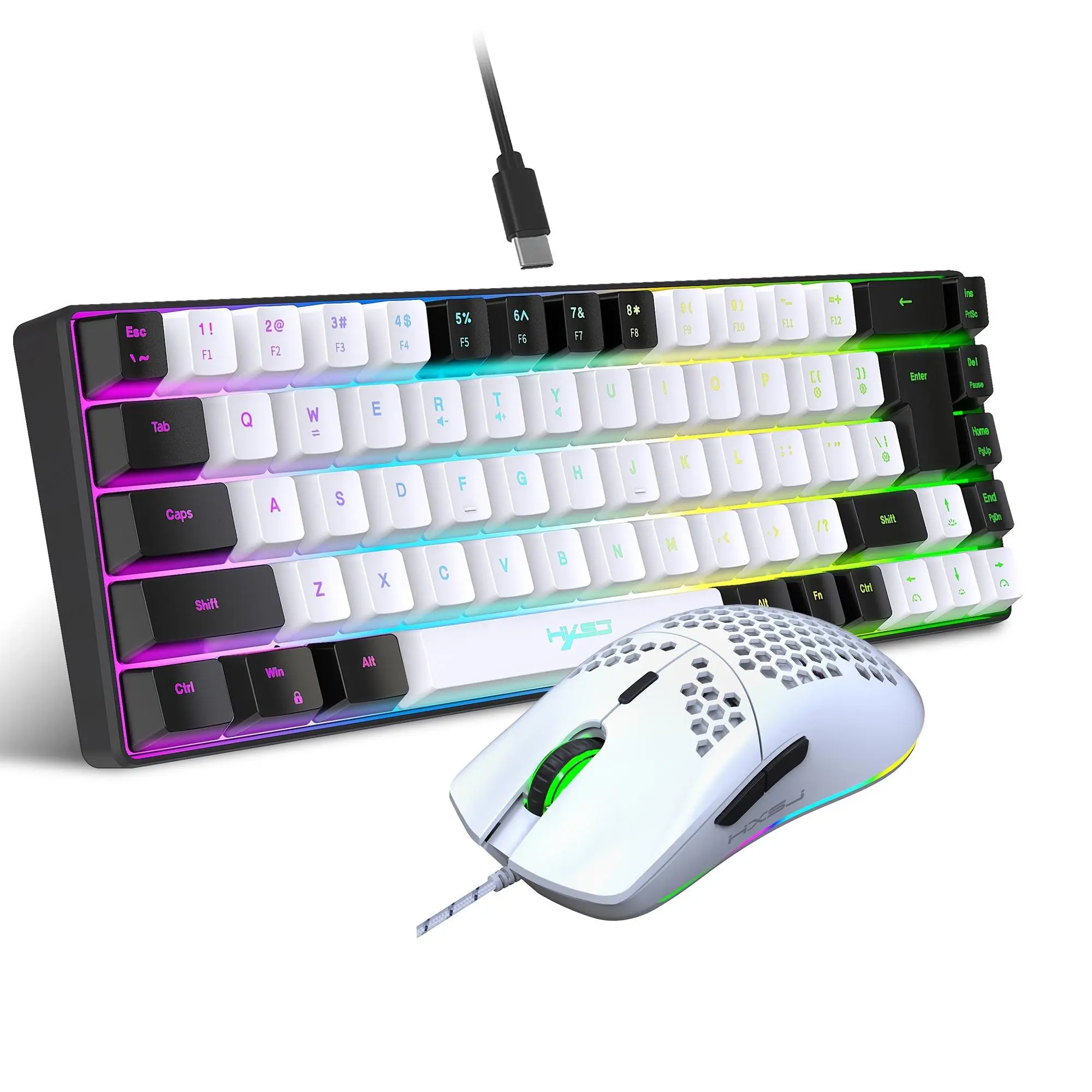 HXSJ Wired Keyboard & Mouse Combo, Keyboard Mouse Set, Compact 68-Key Mini Rainbow Keyboard with RGB Backlight and Gaming Mouse, Suitable for PS4, Xbox, PC & Laptop