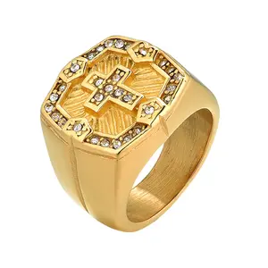 OIDEA Men's Gold Cross Symbol Ring - Stainless Steel, CZ Rhinestone Christian Prayer Band, Cross Symbol Rings