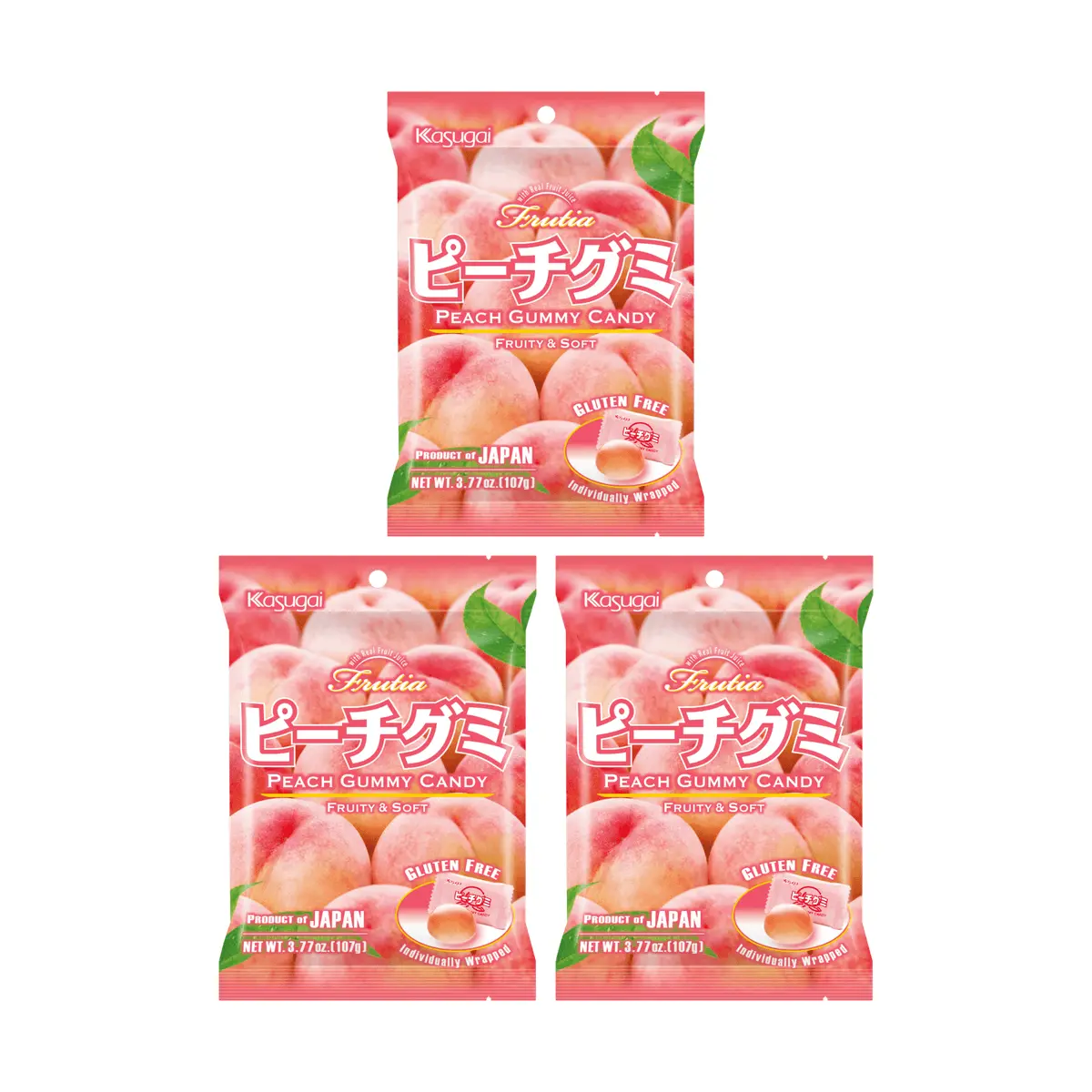Kasugai Japanese White Peach Gummy Candy 107g (3 Bags) - Gluten-Free Fruit Chewy Snacks