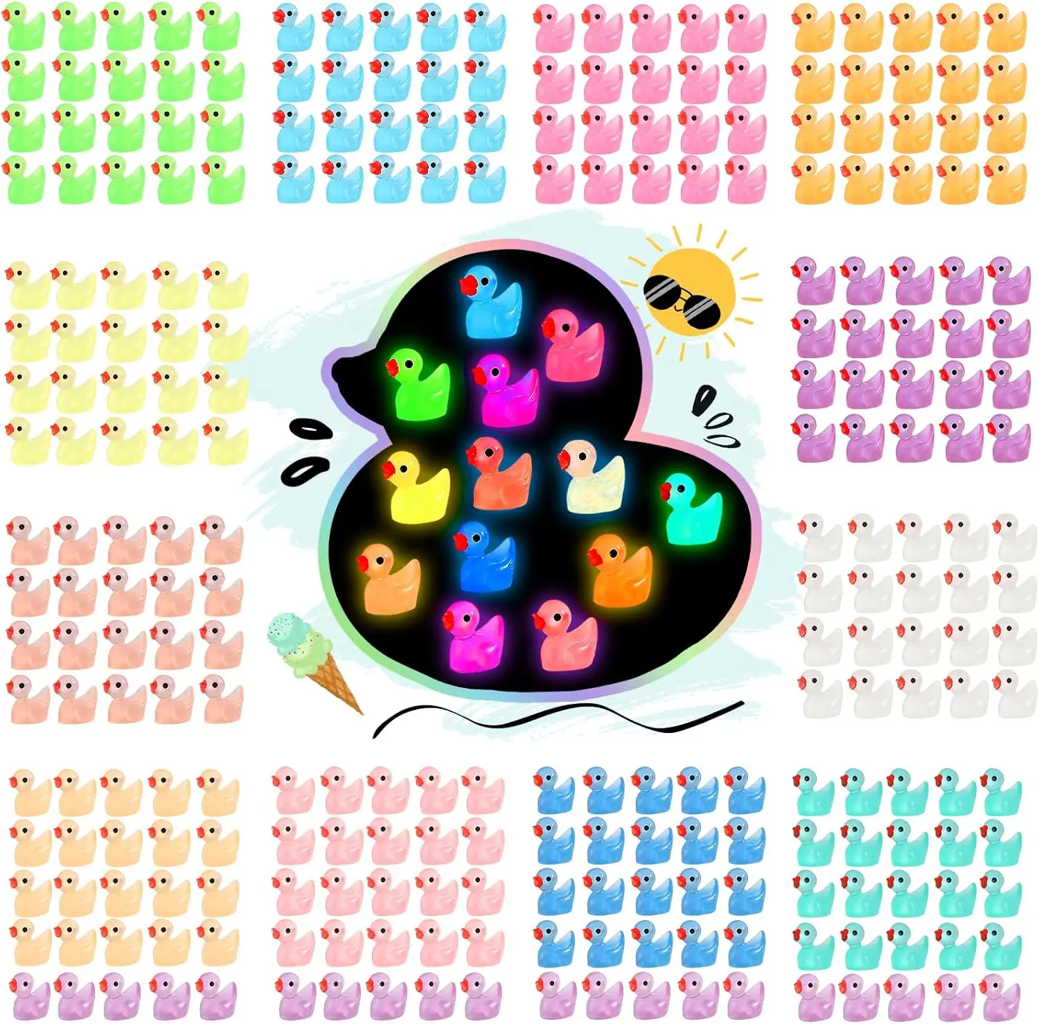 130 Pcs GlowGlow Mini Duck Collection – Luminous Glow in The Dark Resin Duck Figurines for Fairy Garden, Aquarium Decor, Dollhouse Miniatures, Desk Aesthetic & DIY Crafts