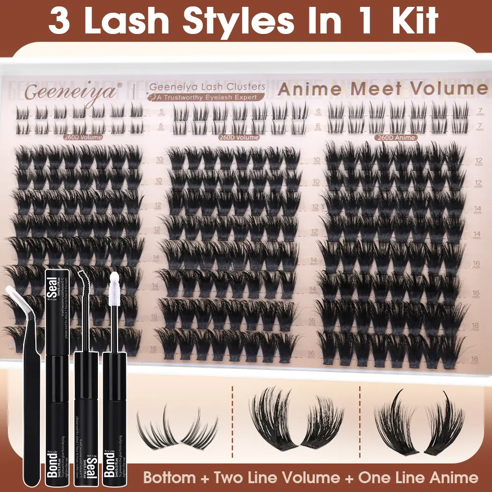 Geeneiya Anime Meet Volume Lash Clusters Kit with Bottom Lashes |Volume Lashes |Spiky Lashes | with Waterproof Lash Bond and Seal, Tweezers,DIY Lash Clusters Kit D Curvature DealsForYouDays