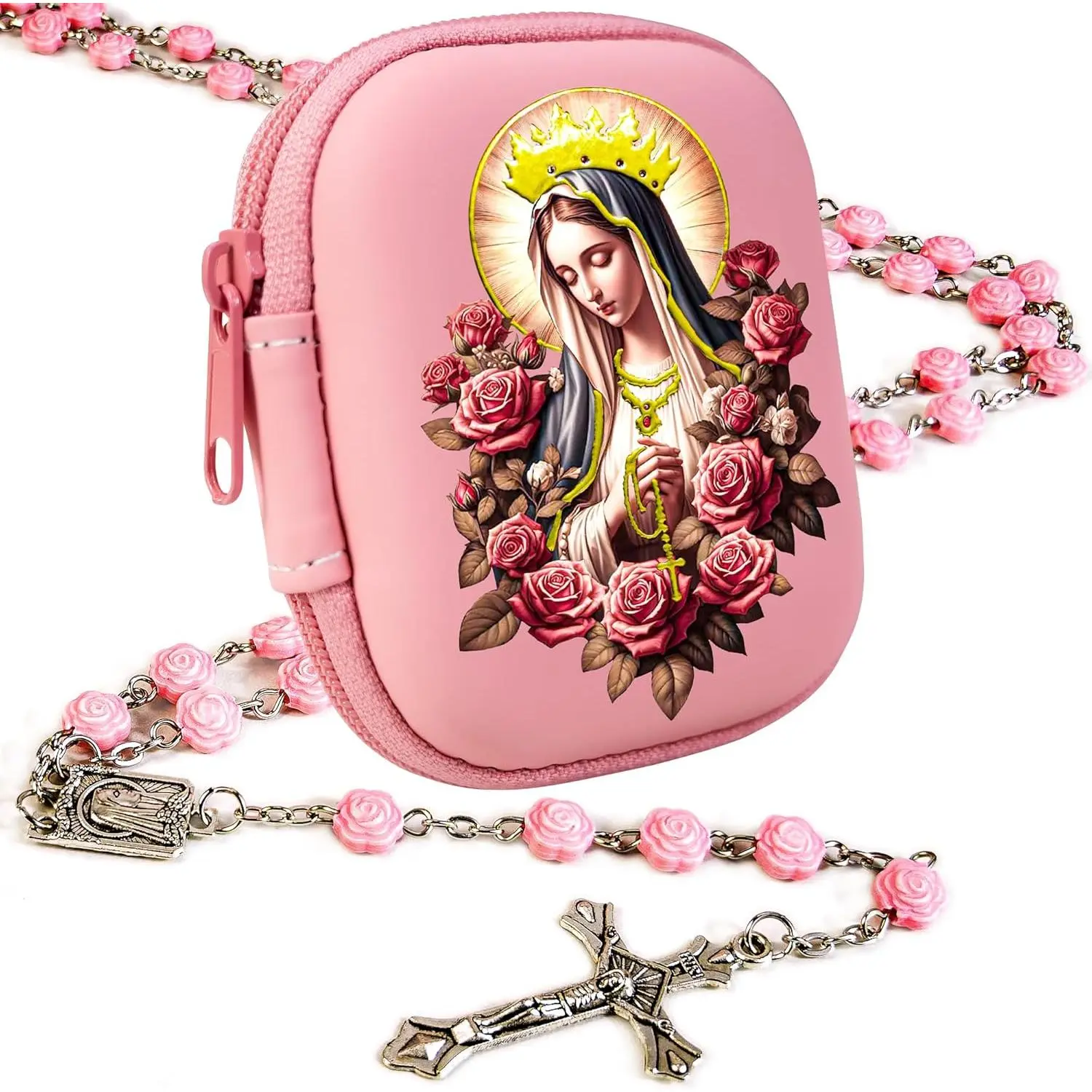 Women's Elegant Catholic Rosary Bead Necklace - 20-Inch Chain, Pearl Beads, Classic Cross, Marian Motifs, 3x2.7x1.2 in Virgin Mary Zippered Prayer Box, Spiritual Jewelry, First Communion Gift for Sacraments