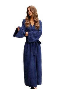 Women's Solid Color Thickened  Thermal Lined Long Sleeve Drop Shoulder Bathrobe, Loose Casual Soft Comfortable Thermal Warm Pocket Belted V Neck Dressing Gown for Women, Ladies Sleepwear for Winter