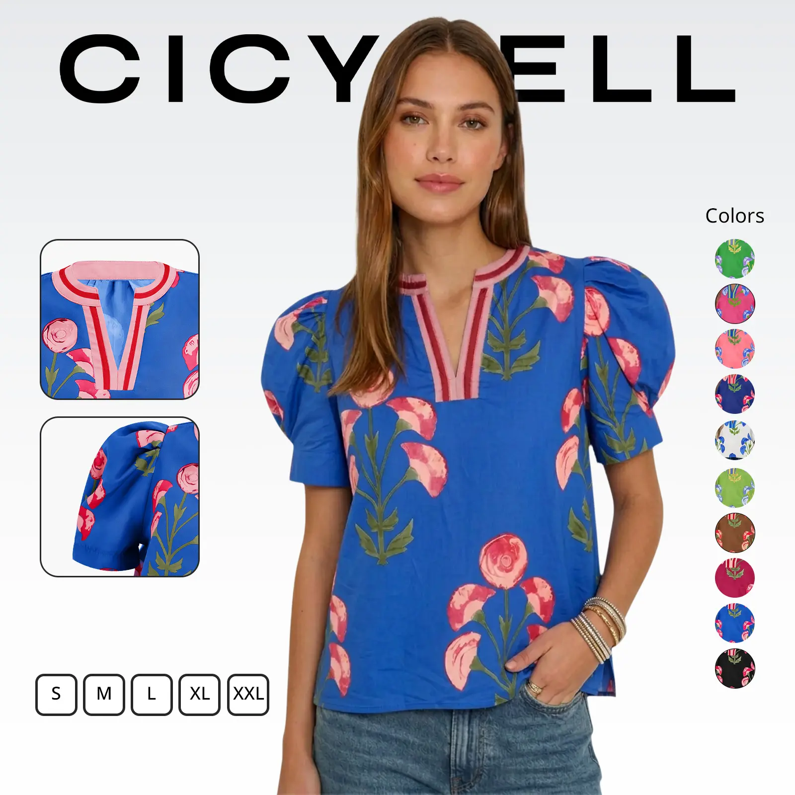 Cicy Bell Womens Summer Puff Sleeve Blouses Casual Dressy V Neck Color Block Tops Loose Fit Boho Floral Printed Tee Shirts Womenswear Vneck