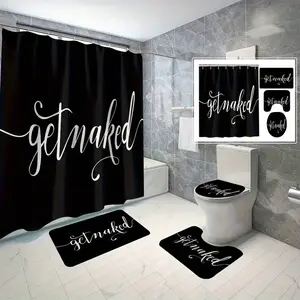 4pcs Black Curtain Bathroom Sets, Fashion Shower Curtain Sets With Rug, Abstract Modern Shower Curtain Set, With 12 Hook, Bath Mat, U-Shaped Bath Mat And Toilet Seat Cover, Bathroom Home Decor And Accessories