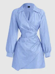 Blue Striped Print Cross-Fold Long Sleeve Dress, Formal Elegant Dress, Professional Women's Clothing, Thanksgiving Shirt, Christmas Party Gown, Beach