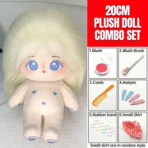 20cm Plush Cotton Doll DIY Set - Complete 7-Piece Set with Bare Doll, Blush Powder, Blush Brush, Comb, 2 Pairs Hair Clips, 8 Elastic Hair Ties, Rubber Band & Cute Floral Dress - Kawaii Dress-Up Toy Gift for Girls, DIY Craft Enthusiasts & Doll Collectors