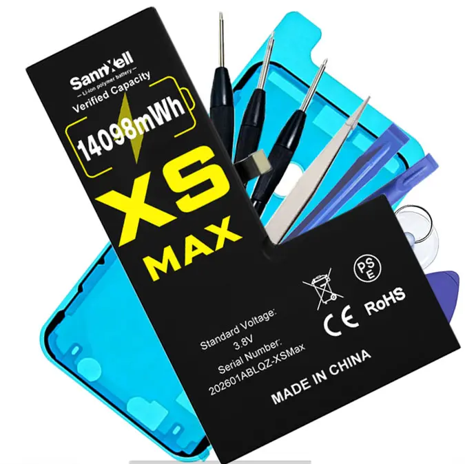 SannXell Upgraded High-Capacity Lithium Polymer Cellphone Mobile Replacement Battery for iPhone XS Max, 14098mWh (up to 3789mAh), 0-Cycle, Compatible with A1921 A2101 A2102 A2104 Models, Dual Fuse with Auto Lock Full Repair Kit & Box, Batteries