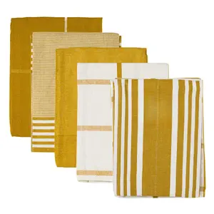 BEILLE 5pc 100% Cotton Oversized Dish Towel Set Kitchen Decor 28 x 22 Inches Nautical Blue Earthstone Brown Lemongrass Yellow Absorbent Linen-like Texture