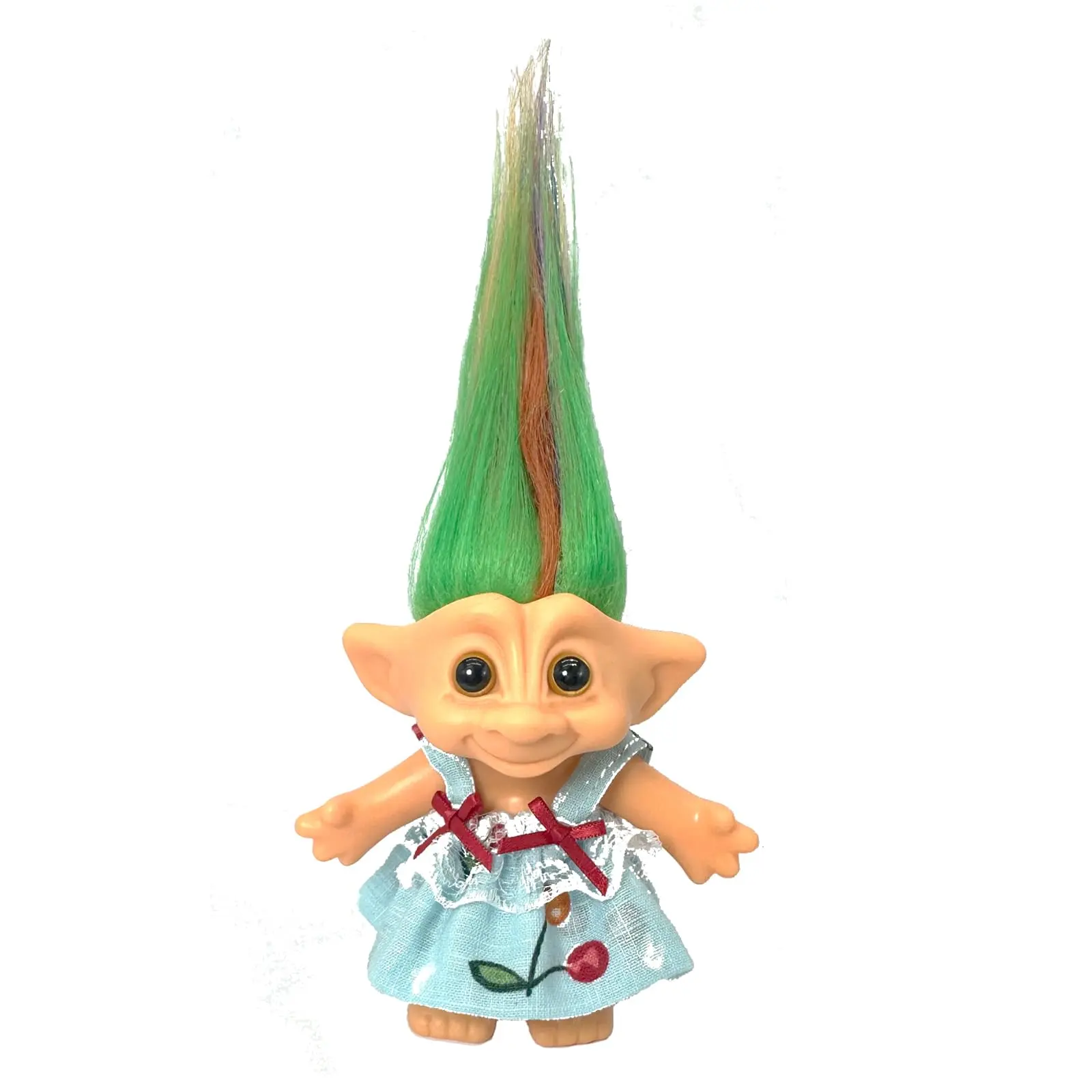 90s Vintage Troll Doll with Cherry Dress, Y2K Retro Lucky Troll Toys Desk Decor, Cute Collectible Mini Figurine Gift for Girls
