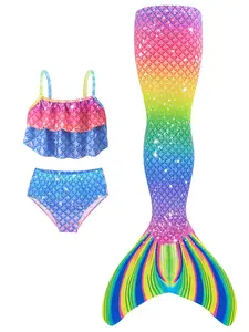 Girls Mermaid Bikini Swimsuit 3PCS Set, Fish Scale Print Bathing Suit, Princess Tail Skirt Swimwear Sets, Gradient Swimming Costume for Beach  and Performance Wear, Mermaid Theme