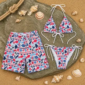 Couple Matching Swimwear Ocean Print Bikini and Men Swim Trunks, Seahorse Starfish Shell Swimsuit Set, Nautical Beach Couple Gift