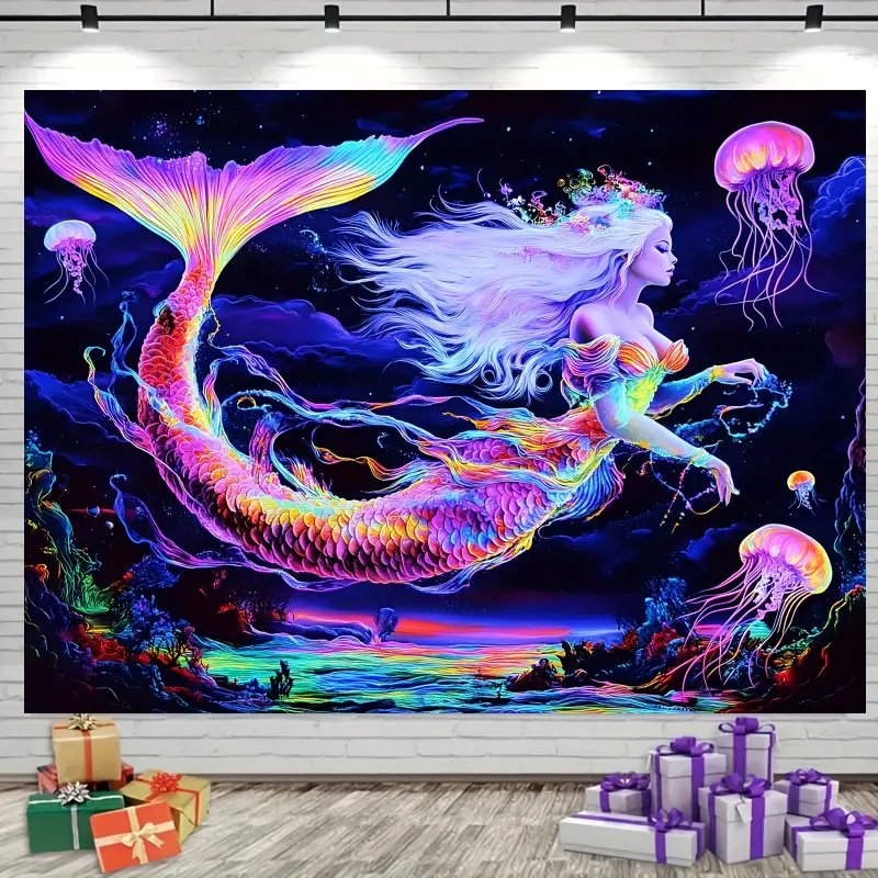 1pc Velvet Luminous Mermaid Tapestry - UV-Reactive Galaxy & Jellyfish Wall Hanging, 85 G/㎡ per sq ft Synthetic Glow-in-the-Dark Polyester Home Decor, No-Electricity Multipurpose Home Supply for Birthday