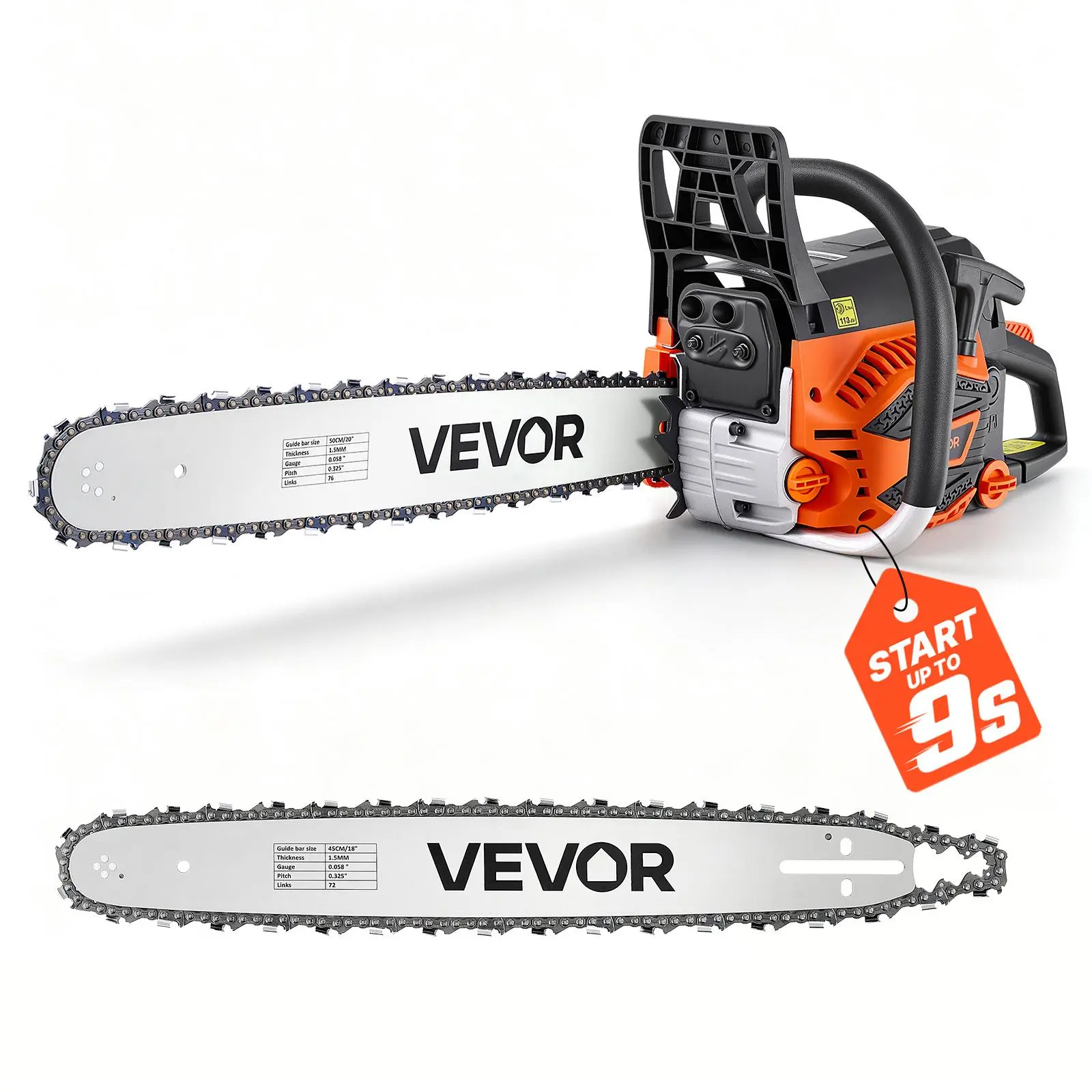 【BackToSchool】VEVOR Gas Powered Chainsaw with Metal Chains, 18-20 Inch 58CC Engine Wood Cutting Tool, 3.22 HP Power 2-Stroke Saw with Throttle-Sync Choke, Non-Slip Handle & Dual Tanks for Tree Trimming, Land Clearing