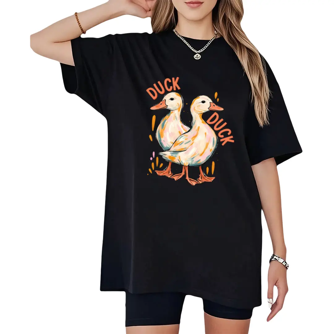 Women's Casual Cotton Fabric Cute Duck Graphic T-Shirt - Funny Animal Top with Comfortable Fit, Unisex-Friendly Option