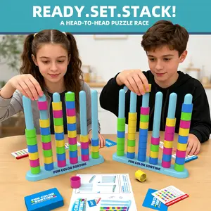 Colorful Stacking Challenge STEM Balance Game for Kids Ages 6-12 – 50 Double-Sided Challenge Cards & 2 Stacking Trays, Family Party Board Game for Fine Motor Skills & Focus, Christmas Birthday Gift for Boys & Girls