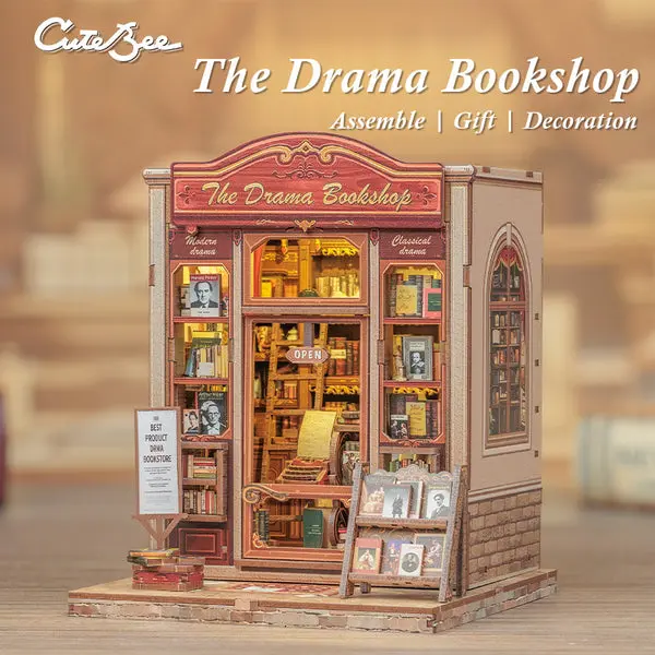 CUTEBEE DIY 3D Miniature Wooden Dollhouse Kit - The Drama Bookshop Room Miniature Set with Furniture, Dust Cover, Unisex Handmade Creative Toy for Teens/Adults, Holiday Gift Home Decor