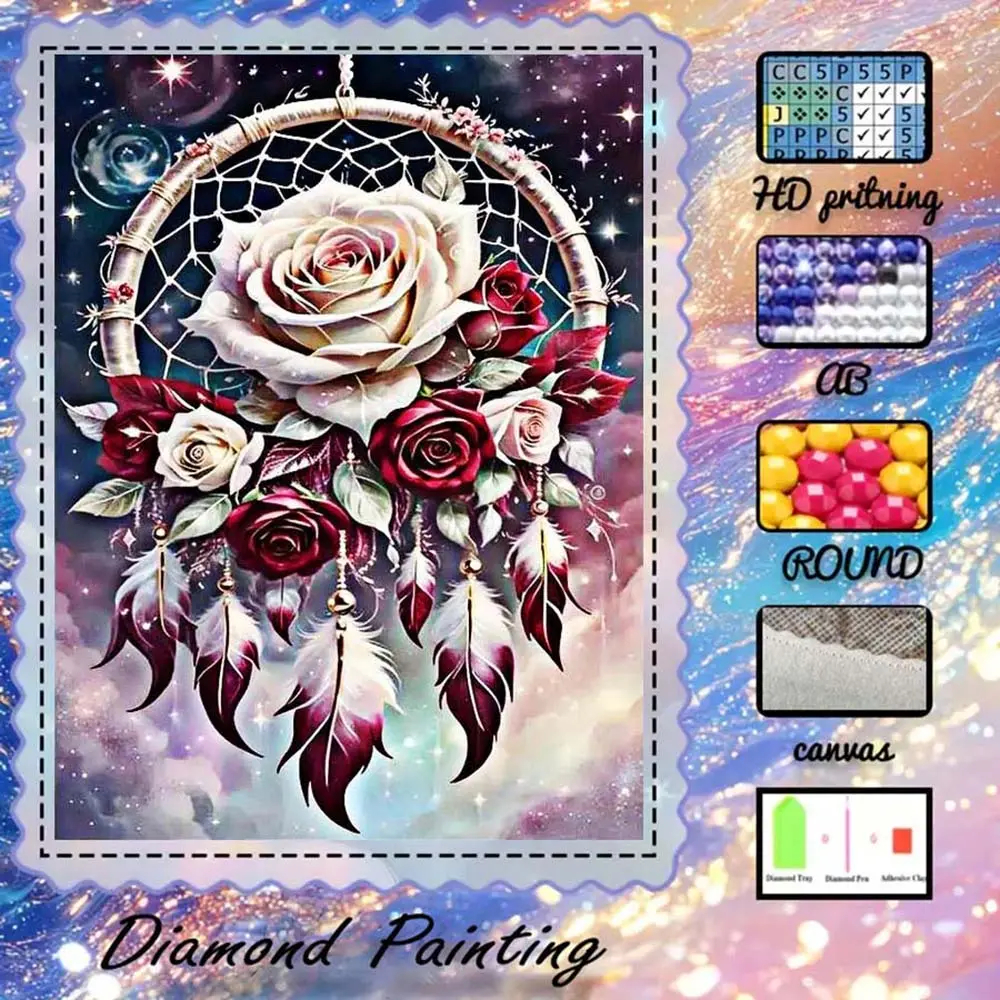 DIY 5D flocked diamond painting kit, AB diamonds, fairy dust diamonds, crystal diamonds, dreamcatcher, rose, feather, diamond embroidery, special craft diamond art set, wall decor, Handmade Gifts, gift for family, loved ones, friends.