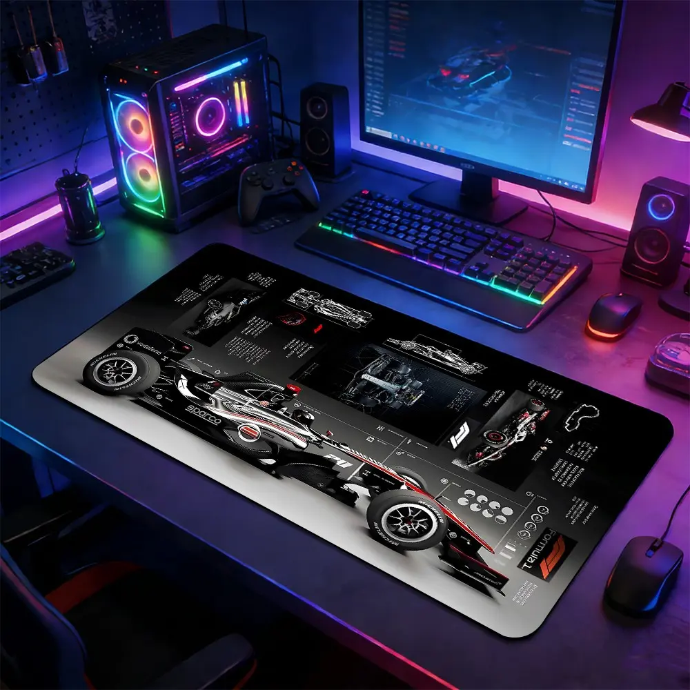 F1 Racing Car Technical Blueprint Large Extended Gaming Mouse Pad, Non-Slip Rubber Base Stitched Lock Edge Desk Mat, Mechanical Engineering Artistic Design Desk Pad, Durable Computer Accessory for Home Office & Gaming Setup, Ideal Gift for Gamers & Racing