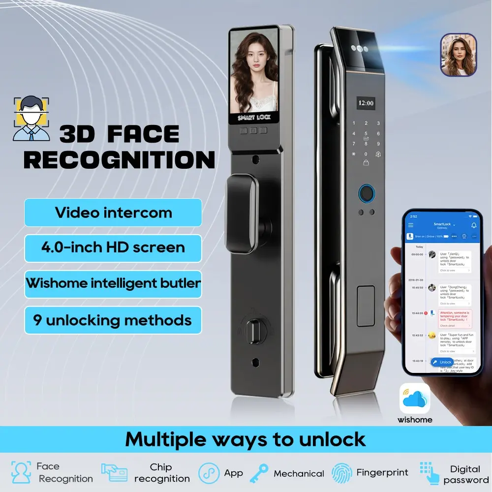 Wishome APP 3D Face Recognition Lock with Camera, Video Intercom, Voice Communication, Automatic Door Lock, Digital Security System, Smart Video Lock, Electronic Door Lock, Security Door Locks