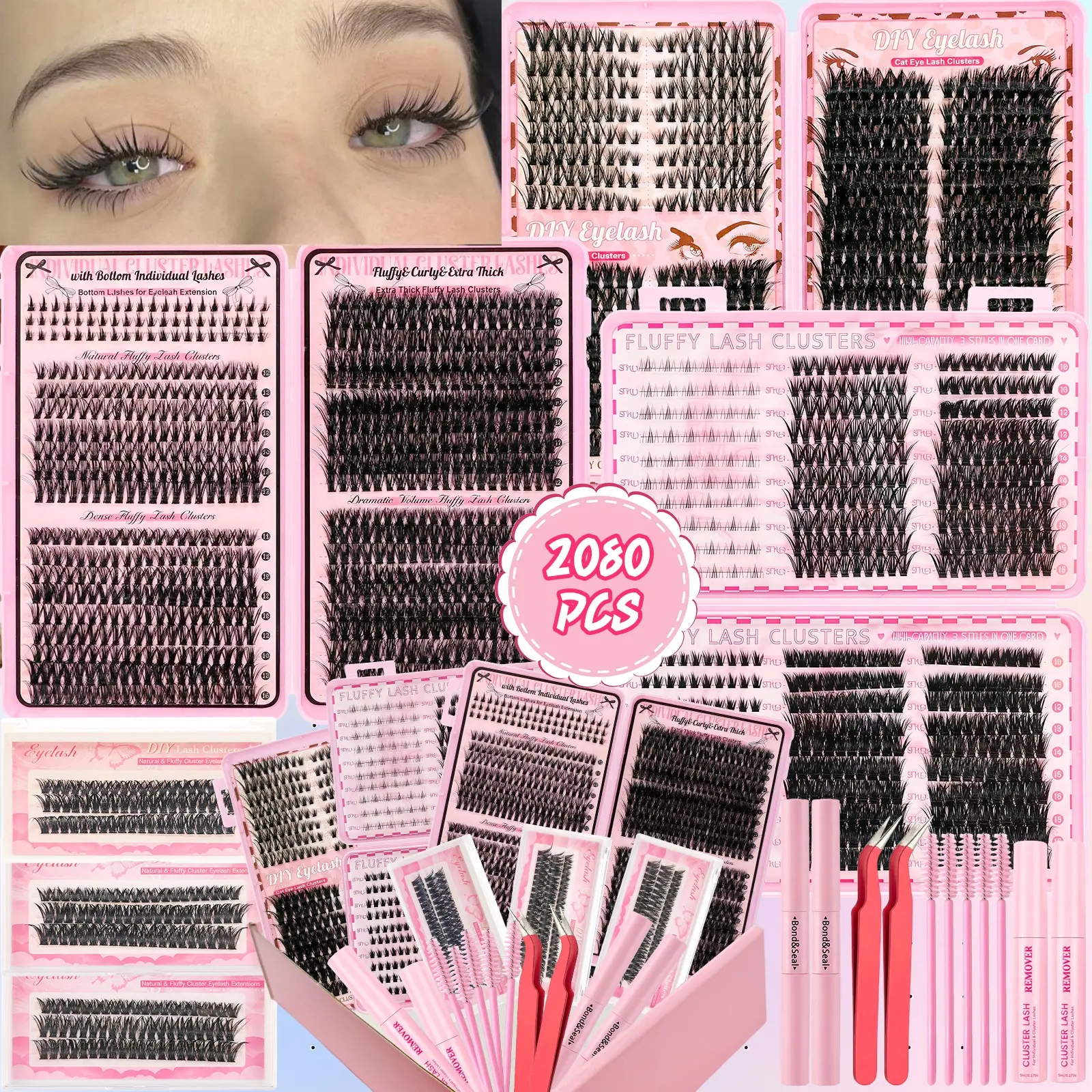 SOSIAYCICI Lash Clusters Kit Natural Spiky Manga Dense Fluffy Cat Eye Demon Wink Lash Kit l SOSIAYCICI Gift Box Collection l DIY Eyelash Extension, with Waterproof Long Lasting Lash Bond & Seal Applicators Makeup Cosmetic for Mother's Day Gift