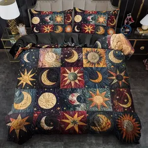 3-piece Boho Astro Gothic Cosmic Bedding Set - Sun, Moon, Stars & Planets Design, Machine Washable Polyester Bedding, 1* Duvet Cover 2* Pillowcases (No Fill), Suitable for Bedroom, Dorm Room, Home Decor