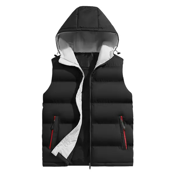 Men's Hooded Padded Vest, Sleeveless Fleece-Lined Cotton Knit Gilet with Stand Collar and Full Zip for Cold Weather, Knitwear Vest, Sleeveless Gilet, Knitting, Padded Panels, Medium Length