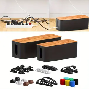 Cable Management Box 2 Pack with 16 Cable Clips Set-Large & Medium & Small Wooden Style Cable Organizer Box to Hide Wires&Power Strips | Cord Organizer Box | Cable Organizer for Home & Office [Black]