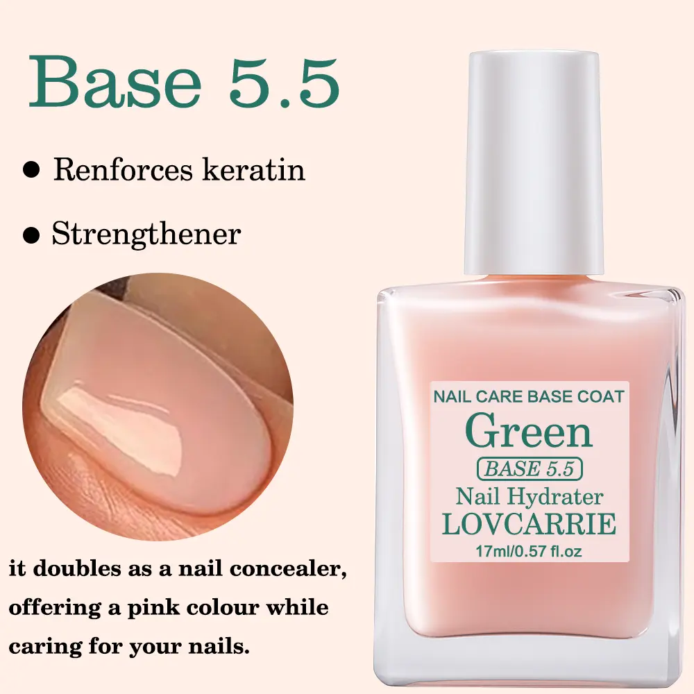 LOVCARRIE Green Base 5.5 Nail Hydrater Base Coat 17ml Keratin Strengthening Pink Nail Concealer Treatment for Dry Thin Brittle Nails, Glossy Nude Pink Nail Care Primer