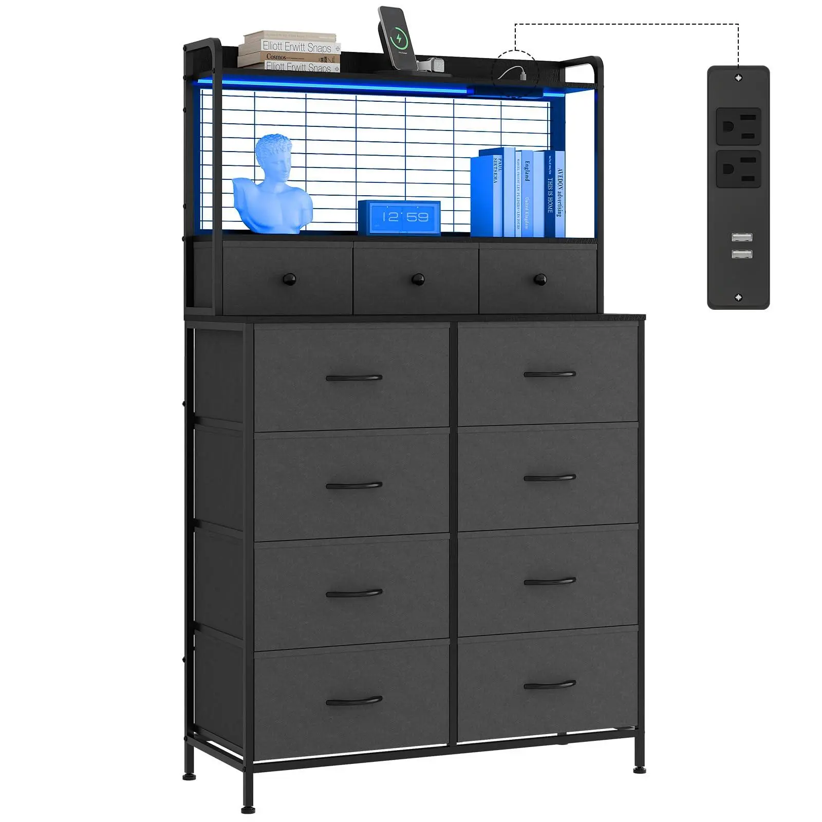 Rustic Dresser for Bedroom with Charging Station, App-Controlled RGB LED, 11 Fabric Drawers Tall Storage Organizer, Anti-Tipping Design, Wood Grain Finish for Living Room, Closet, Nursery, Grey