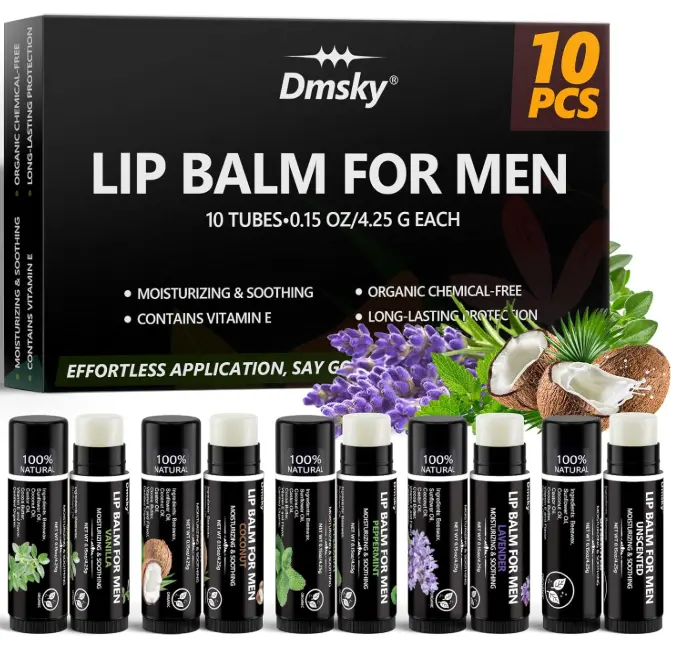 10 Pack Lip Balm for Men,Hydrating Natural Chapstick Bulk Vitamin E and Beeswax - 5 Flavors Chapstick for Men Gift,Peppermint,Coconut,Vanilla,Lavender & Unscent