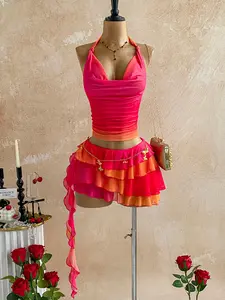 Women's Sexy Vacation Style Gradient Halter Top & Ruffle Hem Skirt Two-Piece Set, Trendy Summer, Casual Fashion