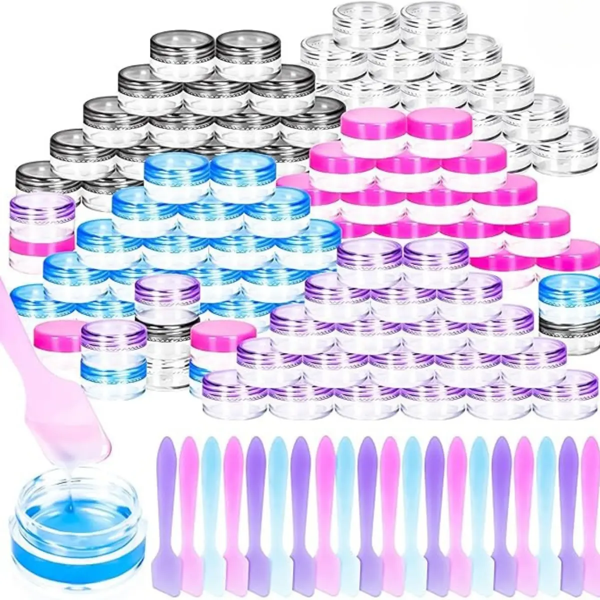 100 Pcs 5g Empty Plastic Containers with Colored Lids,Mini Makeup Sample Containers, Small Sample Pot Jars Round Cosmetic Jars with Mini Spatulas for Liquid Sample Powder Creams Lotions