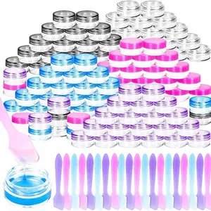 100 Pcs 5g Empty Plastic Containers with Colored Lids,Mini Makeup Sample Containers, Small Sample Pot Jars Round Cosmetic Jars with Mini Spatulas for Liquid Sample Powder Creams Lotions