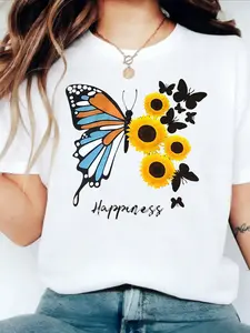 Tiktok Trending Butterfly Sunflower Print T-Shirt Womenswear, Comfortable Fitted Casual Home Wear for Relaxed Days, Bright Floral Aesthetic for Daily