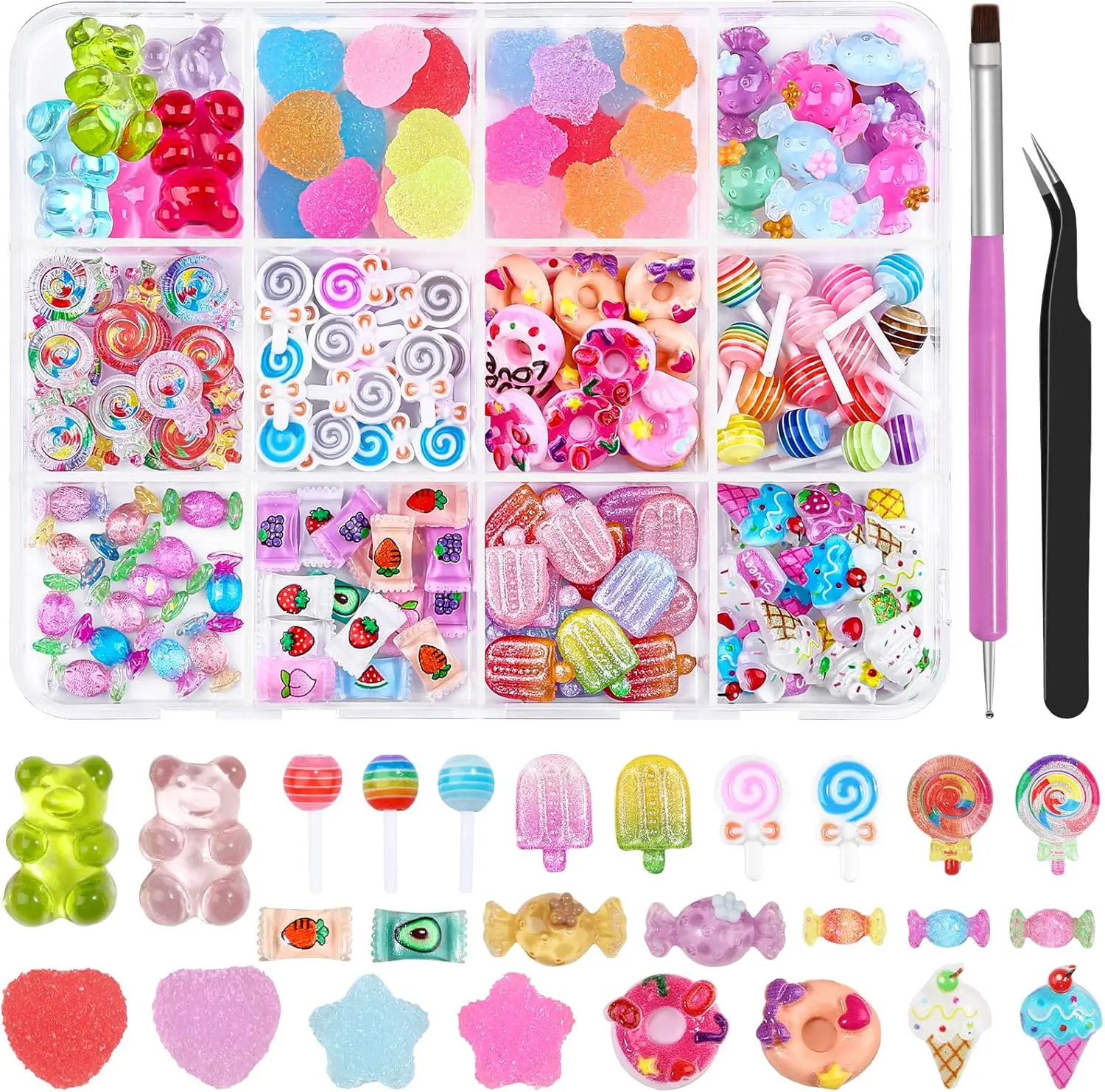 Halloween Fall Gift 3D Candy Nail Charms, Multi Color Sweet Lollipop Donuts Doughnut Gummy Star Heart Bears Cute Candy Jewelry Nail Charms with Pickup Tools for Nail Art DIY Decorations Design