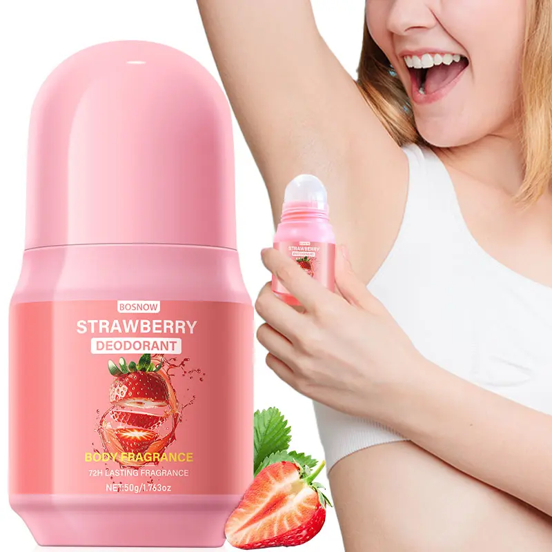 BOSNOW Strawberry Deodorant Roll-On with Vitamin C & Natural Floral Scents - 72H Long-Lasting Odor Control, All-Day Freshness, Non-Sticky, Full-Body Use, Smooth & Refreshing - 50g/1.763oz